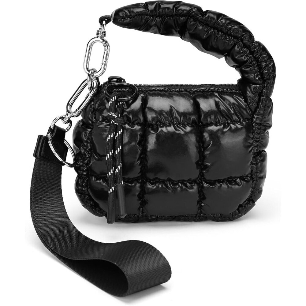 Dazzling Black Mini Quilted Wristlet Bag - Stylish Puffer Handbag for Essentials